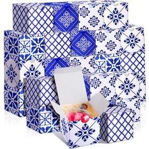 Fuyoooo 50 Pcs Christmas Mini Blue White Floral Gift Boxes Small Chinoiserie Paper Treats Candy Boxes Packaging Cubes for Wedding Birthday Baby Shower Party Favor (Novel,4x4x4'')