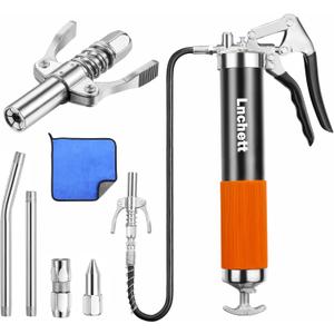 Lnchett Grease Gun with Quick Release Coupler and Towel, 9000 PSI Professional Heavy Duty 14 oz Grease Gun with 18 Inch Spring Flex Hose, 1 Reinforced Coupler, 2 Extension Rigid Pipe and1 Sharp Nozzle