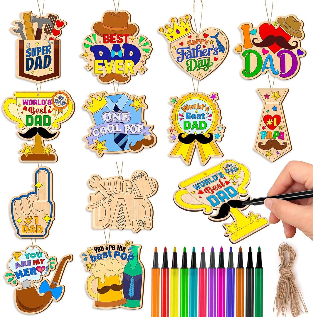 HOWAF 24 Pcs Father's Day Wooden Crafts Kits, Fathers Day Crafts for Kids, Color Your Own Father's Day Wooden Ornaments for Fathers Day Gift, Classroom Activities Dad's Birthday Party Supplies
