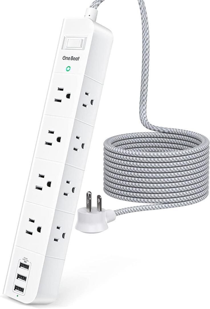 One Beat 5 ft Extension Cord, Power Strip Surge Protector 8 Widely AC Outlets 3 USB, Flat Plug, Desktop Charging Station with Overload Protection, Wall Mount for Home, Office, Travel, Computer ETL Listed