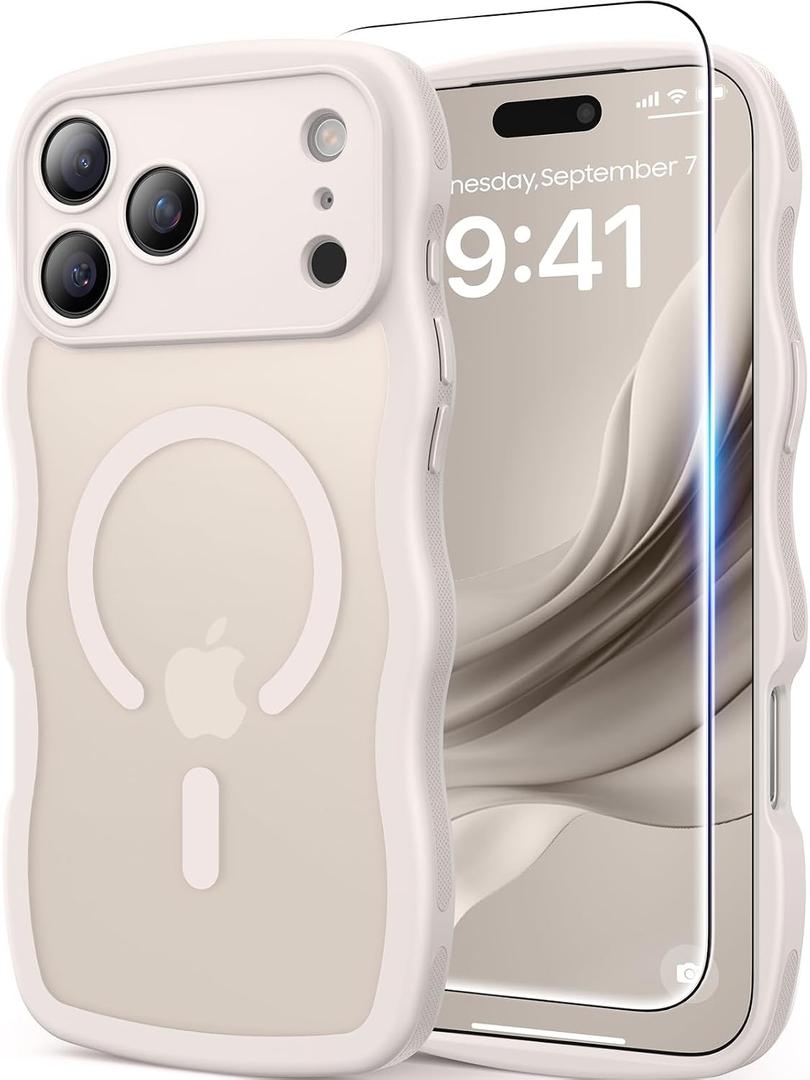DOMAVER for iPhone 17 Pro Max Case for Women, 1X Screen Protector+1X Wrist Strap, [Compatible with MagSafe] [Full Camera Protection] Cute Wave Matte Phone Case for iPhone 17 Pro Max, Stone White