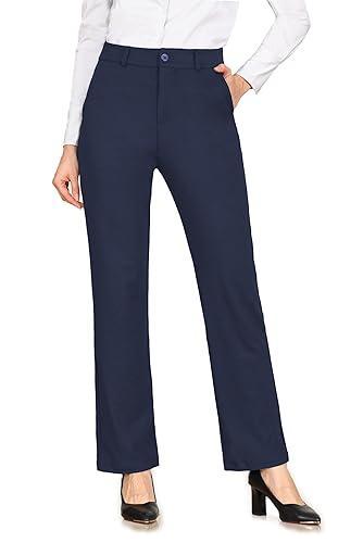 Bamans Dress Pants Women Work Business Casual Pants Tummy Control Office Straight Leg Navy Blue Trousers High Waisted Ladies Slacks Regular 31", Size: M