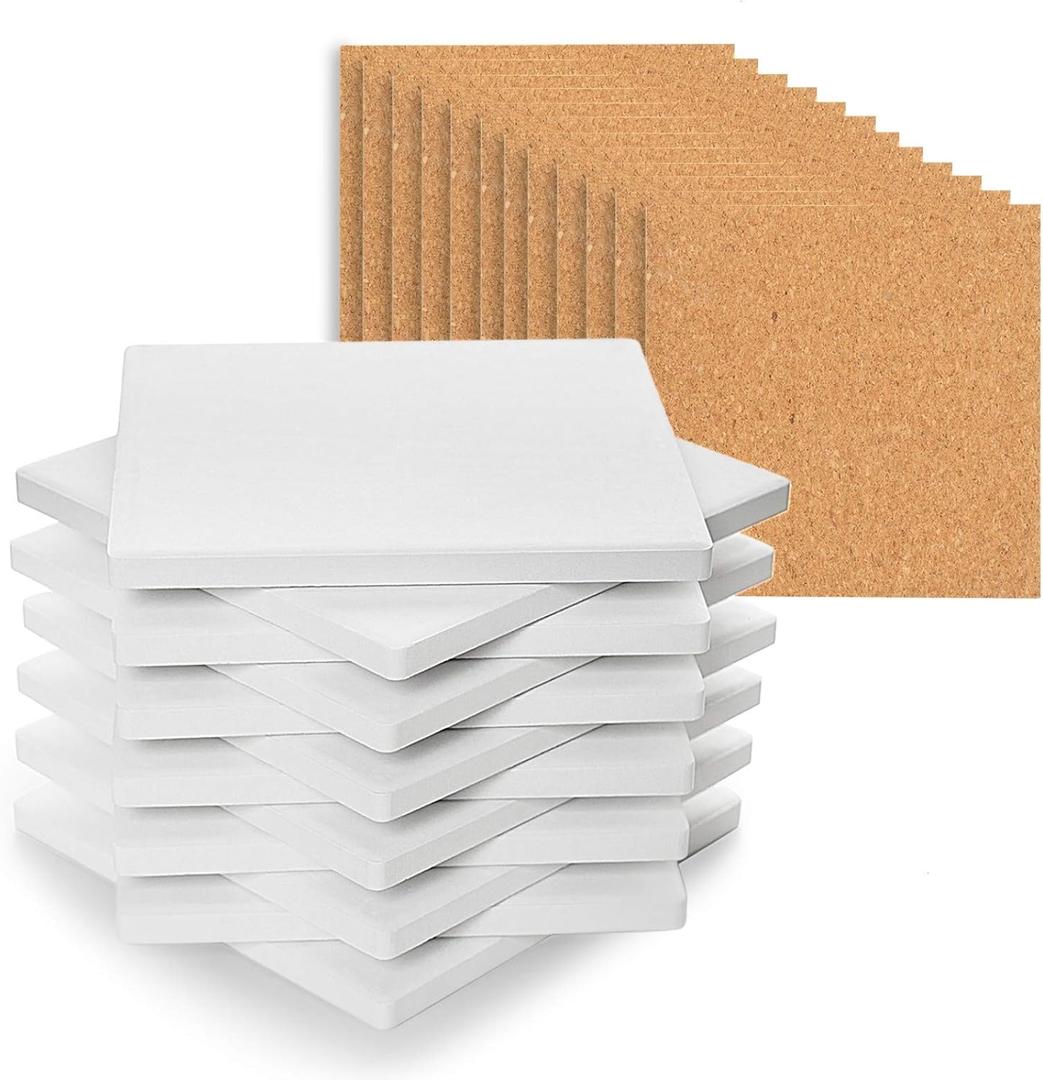 Ceramic Tiles for Crafts Coasters - 12Pcs Blank Unglazed White Tiles for Painting, Alcohol Ink, Acrylic Pouring - Make Your Own Coaster - Cork Backing Pads Included (4x4 Inch) (24 Piece Assortment)