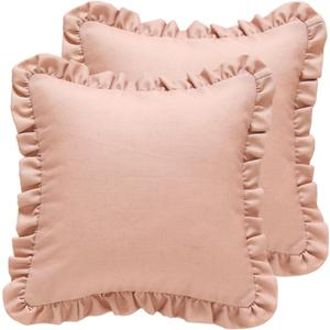 ISAENNE 2 Pcs Classic Pink Square Throw Pillow Cover 18"x18", Solid Color Cottage Linen Cotton Decor Pillow Cover with Ruffles, Sturdy Throw Pillow Case for Couch Sofa Bed Living Room