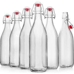 Swing Top Glass Bottles [1 Liter / 33 fl. oz.] [Pack of 6]  Flip Top Coquito Bottles for Kombucha, Fermentation, Beer, Kefir, Wine  Airtight Stopper Lids with Extra Gaskets, Funnel, Labels & More