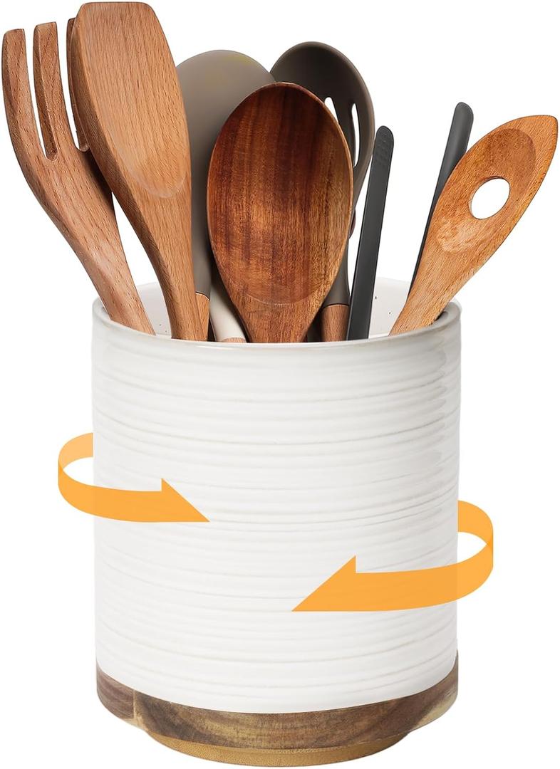 DOWAN 360 Rotating Extra Large Cooking Utensil Holder, 7.6" Kitchen Utensil Holder for Countertop, Utensil Crock for Farmhouse Kitchen Decor, Ceramic Stable Utensil Caddy, Soft White