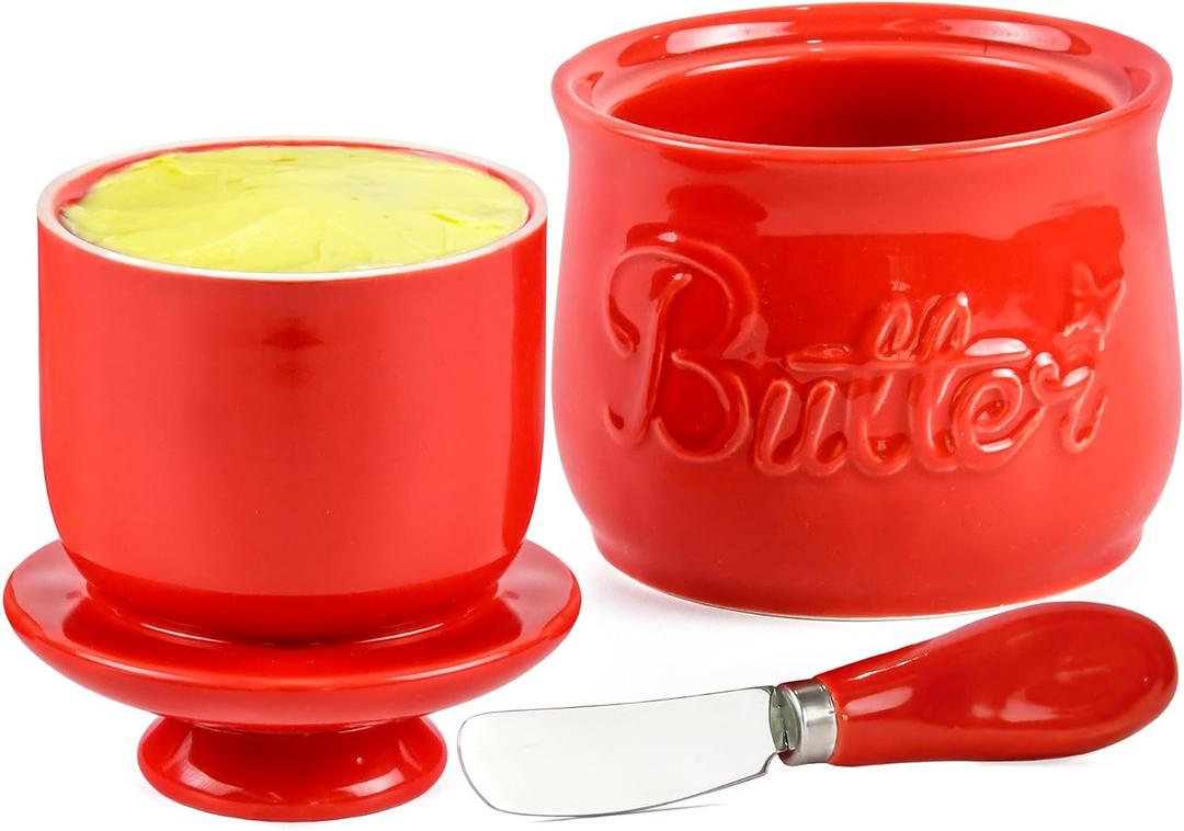 Rixordd Red Butter Crock & Stainless Steel Spreader Knife Set  French Butter Keeper with Water Line, Countertop Butter Dish  Lead-Free Porcelain, Dishwasher-Safe, Vibrant Red
