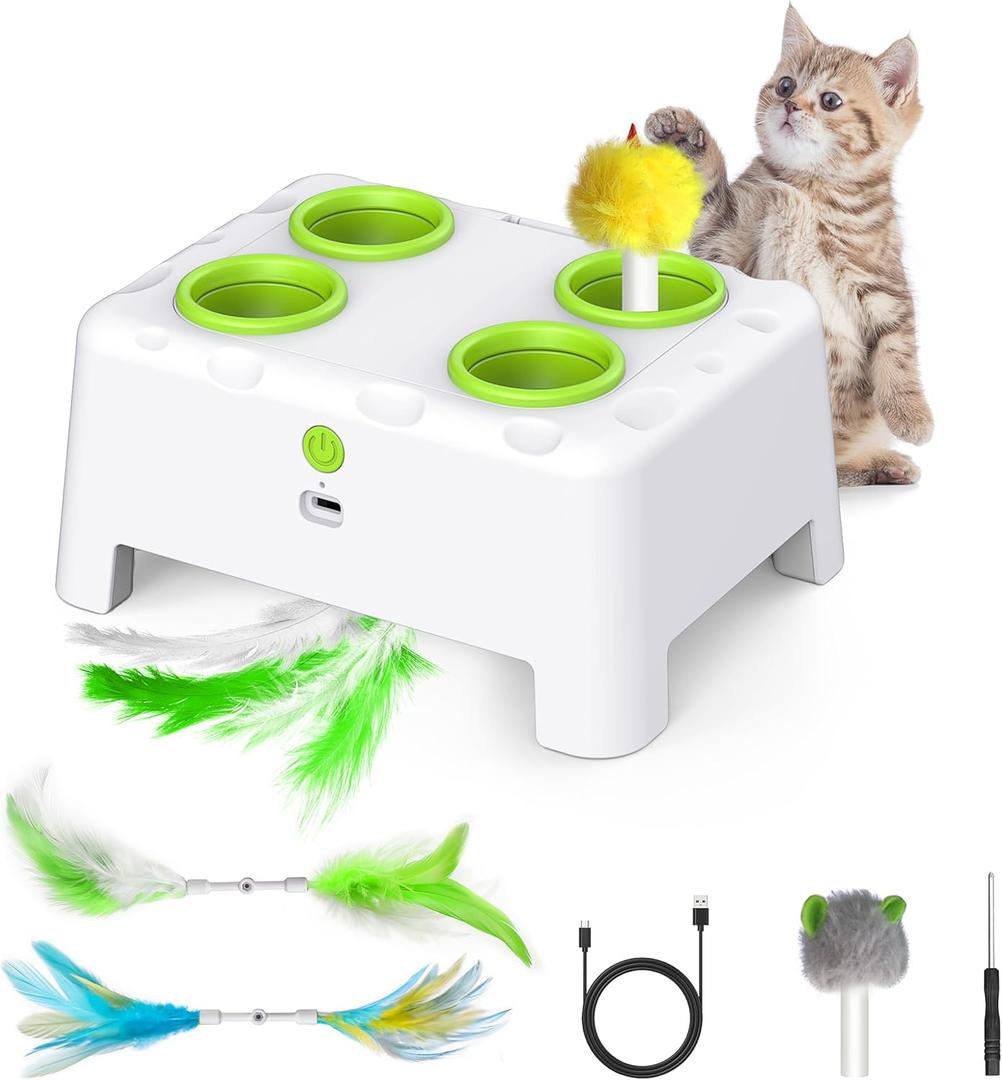 Bolpetizo Cat Toys, Interactive Cat Toys, 2in1 Automatic Cat Toy, 4 Holes Mice Whack A Mole Cat Mouse Toy with Moving Feather, Portable USB Rechargeable Electronic Kitten Toys (White)