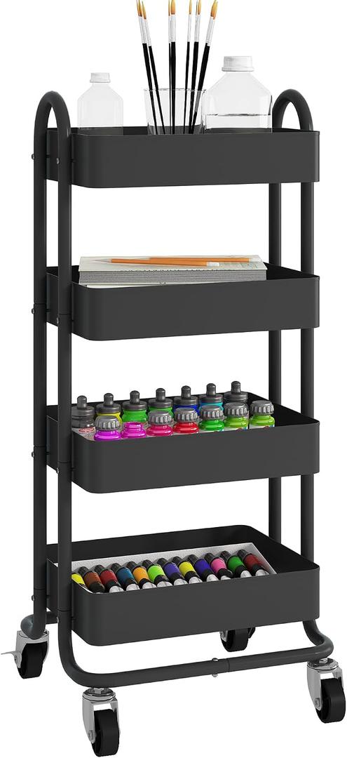 4-Tier Metal Rolling Cart with Wheels,4 Tier Utility Cart with Wheels for Office,Home,Kitchen,Garden13.4"x18.1"x40" Black