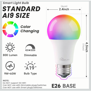 TREATLIFE Smart Light Bulbs Pack, UL Certified 2.4GHz Color Changing Light Bulb, Works with Alexa Google Home, A19 E26 Dimmable LED Light Bulb 9W 800 Lumen for Party Decoration, Smart Home Lighting