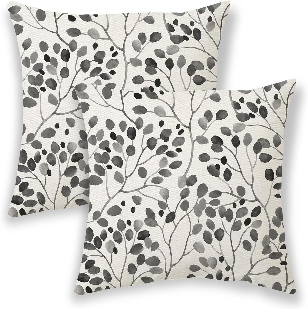 BETGINY Black Outdoor Pillow Covers 18x18 Inch 2 Pcs, Grey Colorful Leaves Decorative Throw Pillows, Plant Flower Floral Spring Summer Seasonal Decor Pillowcase Linen Cushion Cover for Couch Sofa