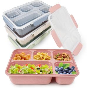 greenandlife 4 Pack Bento Lunch Box Set for Kids Adults, 5 Compartment Reusable Wheat Straw Meal Prep Food Storage Snack Containers, Microwave and Dishwasher Safe, INS