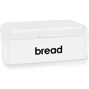 E-far Vintage Bread Box for Kitchen Countertop, White Metal Bread Storage Container Retro Bread Bin for Pastries/Loaves/Dry Food, Large Capacity & Modern Design (16.7 x 9 x 6.4)
