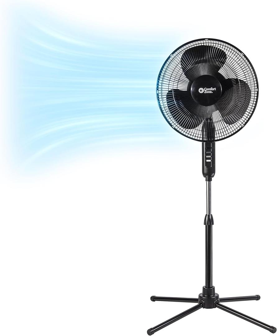 Comfort Zone 16-Inch Oscillating Pedestal Fan, 3-Speed High-Velocity Cooling, Adjustable Height & Tilt, Quad-Pod Folding Base, Black  ETL Listed