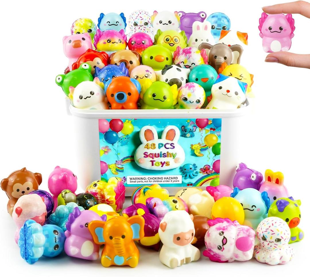48-Pack Slow Squishy Toys Soft Stress Relief Fidgets Toys for Kids 4-12, with 48 Encouragement & Gratitude Cards, Birthday Party Favors Goodie Bags Stuffers Classroom Prizes (Animal, 48)