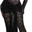 Mandonce Sexy Dresses for Women One Piece Long Sleeve Jumpsuit Lace See Through One Shoulder Neck Floral Strappy Waist Romper, Medium