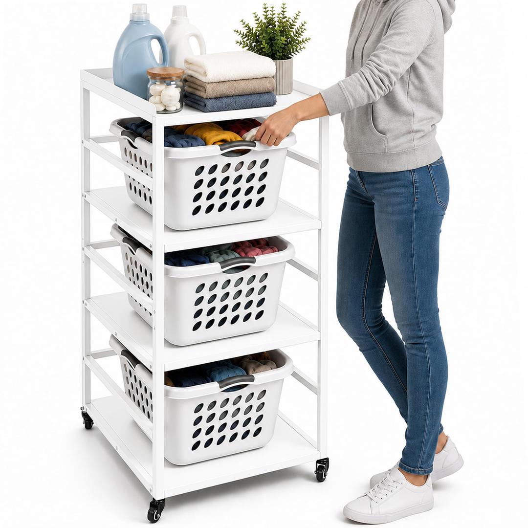 4-Tire Laundry Basket Holder Storage Shelf, Metal Stackable Laundry Sorter