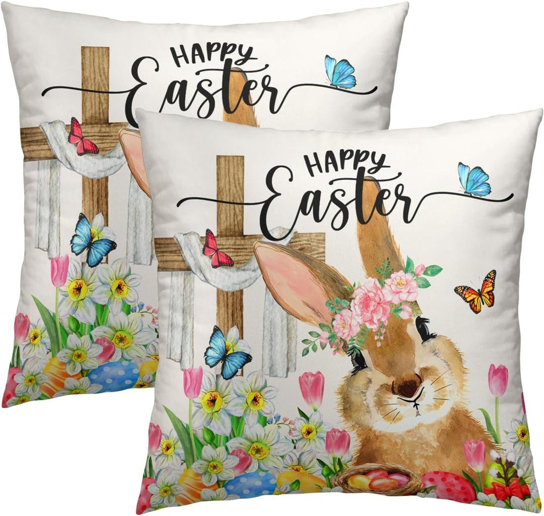 Imiss Happy Easter Throw Pillow Covers Set of 2 Easter Cute Bunny Eggs Flowers Spring Decorative Outdoor Farmhouse Cushion Case 18x18 Inch for Sofa Couch Bedroom