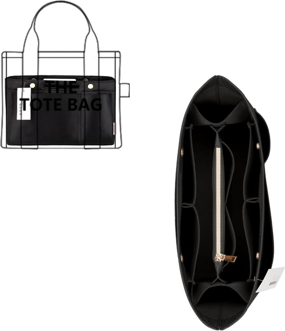 ZTUJO Purse Organizer Insert For Handbags, Silky Bag Organizer With 2 Zippers For Speedy Neverful Tote and More (Black, Small)