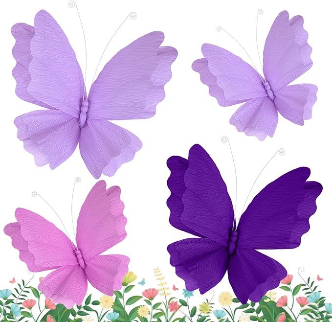 Large Butterfly Party Decorations - 2Pcs 3D Crepe Paper Hanging Butterfly Purple Giant Butterflies for Girls Women Birthday Party Baby Shower Wedding Spring Flower Garden Nursery Decor