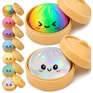 2PCS Rainbow Dumpling Squishies Toys with Food Steamer,Sparkly Squeeze Dough Fidget Sensory Stress Balls,Hand Desk Toys for Stress Relief Squishies Dumpling Gifts,Rainbow&Clear