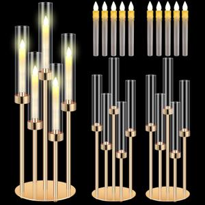 Tandefio 2 Set 5 Arm Gold Candelabra Table Centerpiece with LED Candle 26.8" Tall Wedding Floor Holder Acrylic Candlestick with Lampshade Fit 0.8 for Easter Ceremony Anniversary Dinner Dining Party