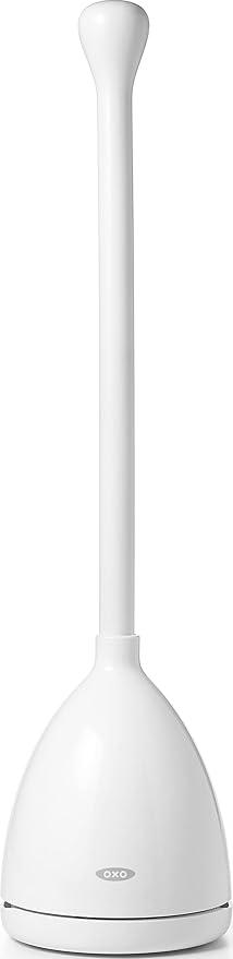 OXO Good Grips Toilet Plunger with Holder and Drip Tray - White | Heavy Duty Toilet Unclogger, Compact Caddy Catches Drips, Non-Slip Grip, Bathroom Cleaning Supplies, Easy Storage