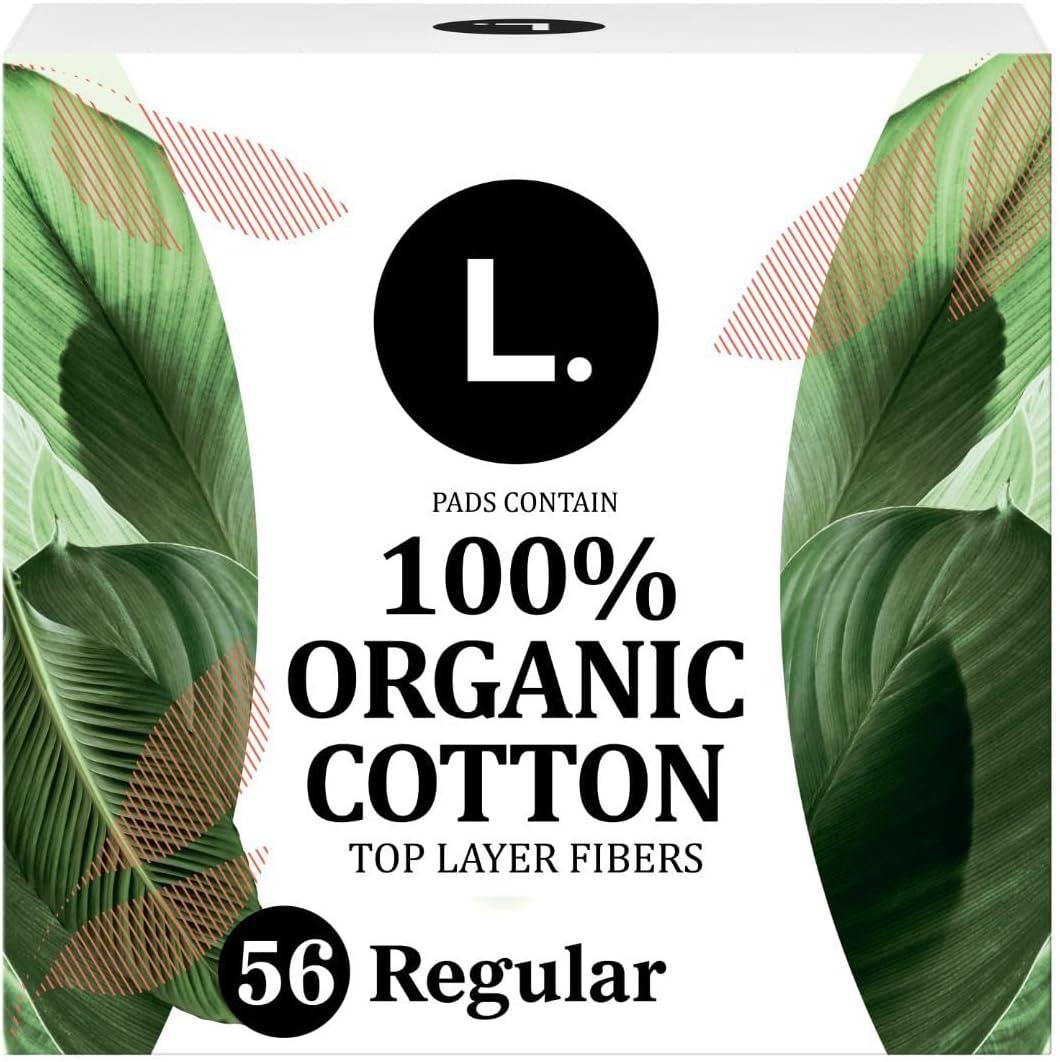 L. Ultra Thin Pads for Women, Regular Absorbency, Organic Cotton Top Layer, Unscented Pads with Wings, 56 Count