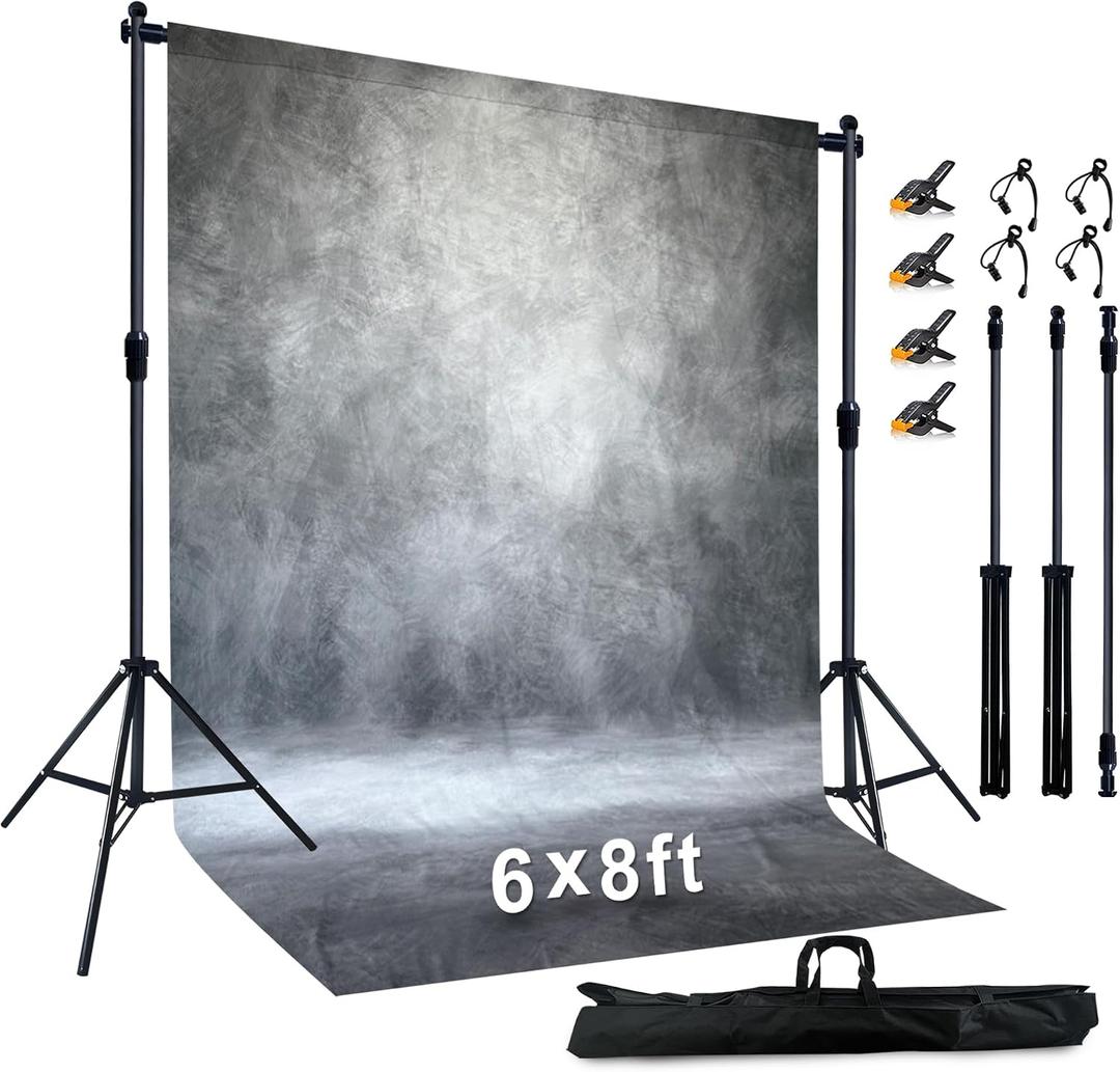 2-in-1 Portable Photo Backdrop Kit with 6x8ft Abstract Background - Includes 6.5x6.5 ft Adjustable Stand, 8 Clamps & Storage Bag(Grey,6x8ft)