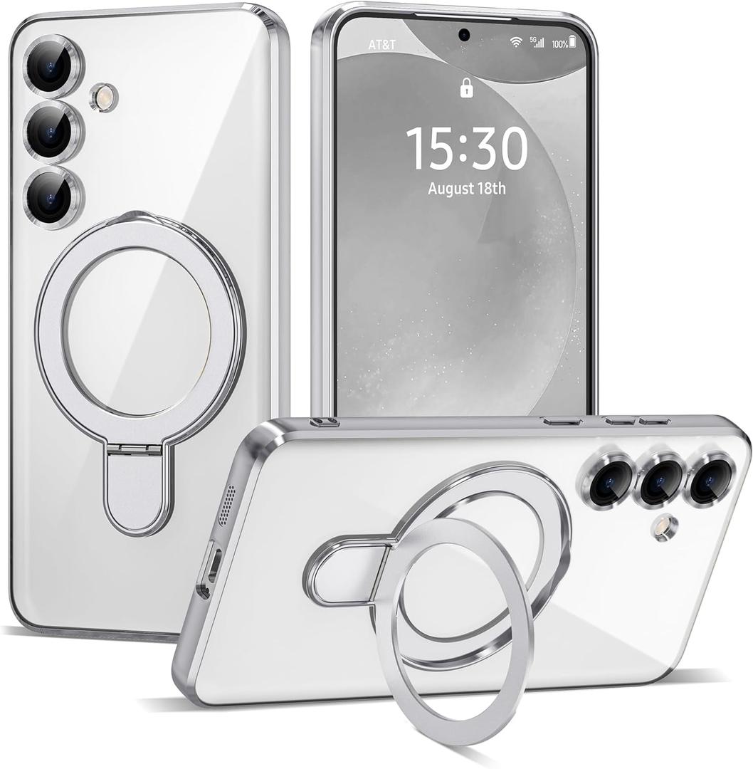 Compatible with Samsung Galaxy S24 Case with Magnetic Ring Stand [Compatible with Mag-Safe] [Full Camera Lens Protector] Plating Clear Phone Case for Samsung Galaxy S24 6.2", Silver