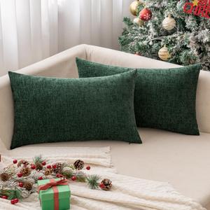 MIULEE Pack of 2 Christmas Green Throw Pillow Covers 12x20 Inch Soft Chenille Pillow Covers for Sofa Living Room Couch Solid Dyed Cases