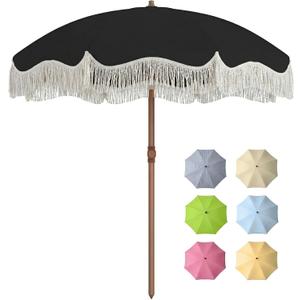 7FT Patio Umbrella with Fringe, Outdoor Tassel Umbrella with Fiberglass Ribs, Boho Beach Umbrella, Push Button Tilt and Carrying Bag, UPF50+