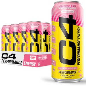 C4 Performance Energy Drink | Strawberry Blast | Zero Sugar Carbonated Preworkout Energy | 200mg Caffeine with Beta Alanine | 16 Fl Oz (12 Pack) (EXP 03/31/27)