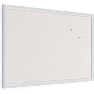 U Brands Farmhouse Linen Bulletin Board, 30" x 20", White Wood Frame, Wall Mounted Pin Board for Home Office, Classroom & Kitchen, Includes Push Pins