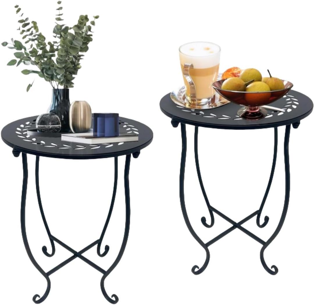Metal Round Side Table, 2 Pack 14 Inch Bedside Table for Living Room, Weather Resistant Black Metal Outdoor Side Table for Patio Balcony Yard Porch Garden, Plant Stand for Indoor Outdoor Use (Set of 2)