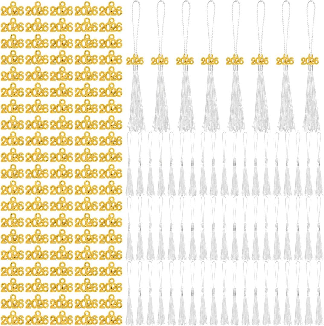 Cindeer 100 Pcs Mini Graduation Tassels with 100 Pcs 2026 Tassel Charms for Crafts Mini Silky Bookmark for Graduation Cap Keychain Ornaments DIY Craft Jewelry Making Project(White)
