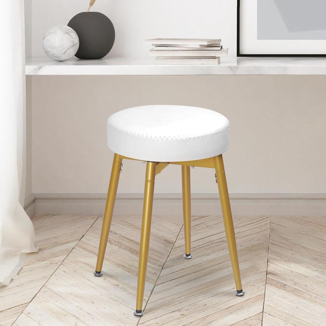 360 Swivel Vanity Stool, Vanity Chair Stools for Makeup Room, Round Faux Leather Makeup Chairs, Modern Small Ottoman Foot Rest with Metal Legs for Living Room, Bedroom, White&Gold