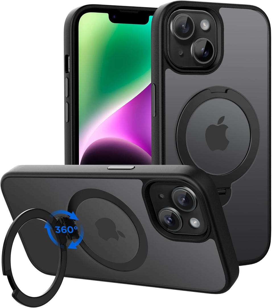 CACOE Magnetic Case for iPhone 13/14 6.1 inch with 360 Rotatable Ring Stand, Compatible with MagSafe Car Phone Mount, Cases Cover Phone Holder for Desk Meeting/Videos Matte Black