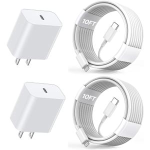 Extra Long 10FT Apple Fast Charger,[Apple MFi Certified]2Pack Fast iPhone Charger Travel Plug Adapter 20W Super Quick USB C Wall Block 10Foot Lightning Cable Cord for iPhone 14/13/12/11/8/X/XR/SE/iPad