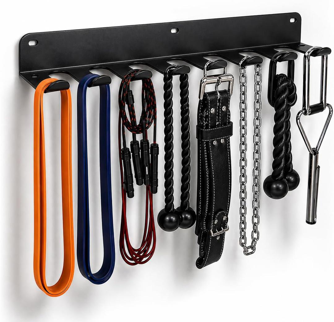 Gym Equipment Storage Rack - Multi-Purpose Home Gym Organization Storage Wall Mount for Resistance Bands, Jump Ropes, Lifting Belt, Chains, Barbells (16" / 8 Prongs)