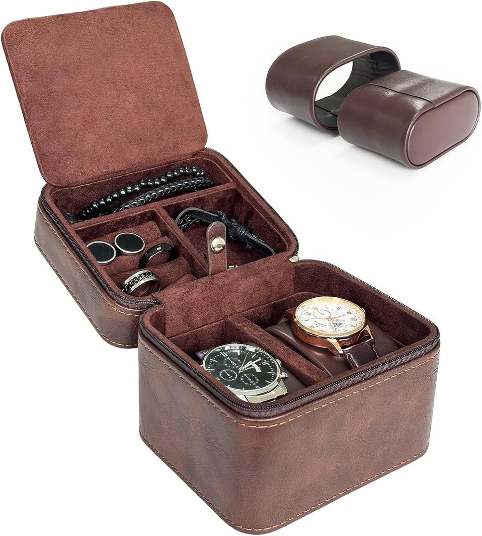 TSA-Friendly 2 Slot Watch Travel Case for Men, (Fits 7-8" Wrists) Carry-On Ready with Removable Pillows & Airplane Protection, Leather Jewelry Organizer for Wristwatches, Rings, Cufflinks (Brown)