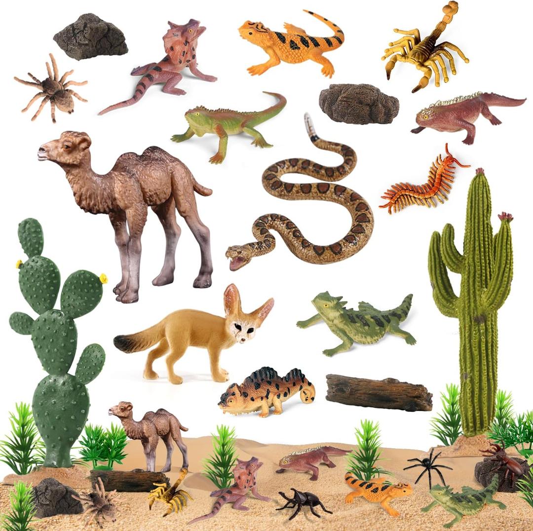 SIENON 32Pcs Desert Animal Figures Playset Model Trees Cactus Kit Diorama Project with Camel Fennec Fox Rattlesnake Scorpion Lizard Reptile Toy for Kids Birthday Cake Toppers Party Decorations