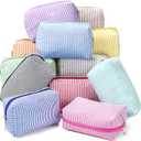 Sanwuta 12 Pcs Seersucker Cosmetic Bags Bulk Seersucker Makeup Bags Stripe Women Pouch Large Preppy Storage Pouch Toiletry Travel Organizer for Wedding Bridesmaid Bride Favor Mom Gift (Neutral)
