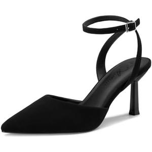Athlefit Women's Closed Pointed Toe 3 Inch High Heels Ankle Strap Stiletto Heel Wedding Party Dress Pumps Shoes, Black Nubuck Size 9.5, SAPU2602W