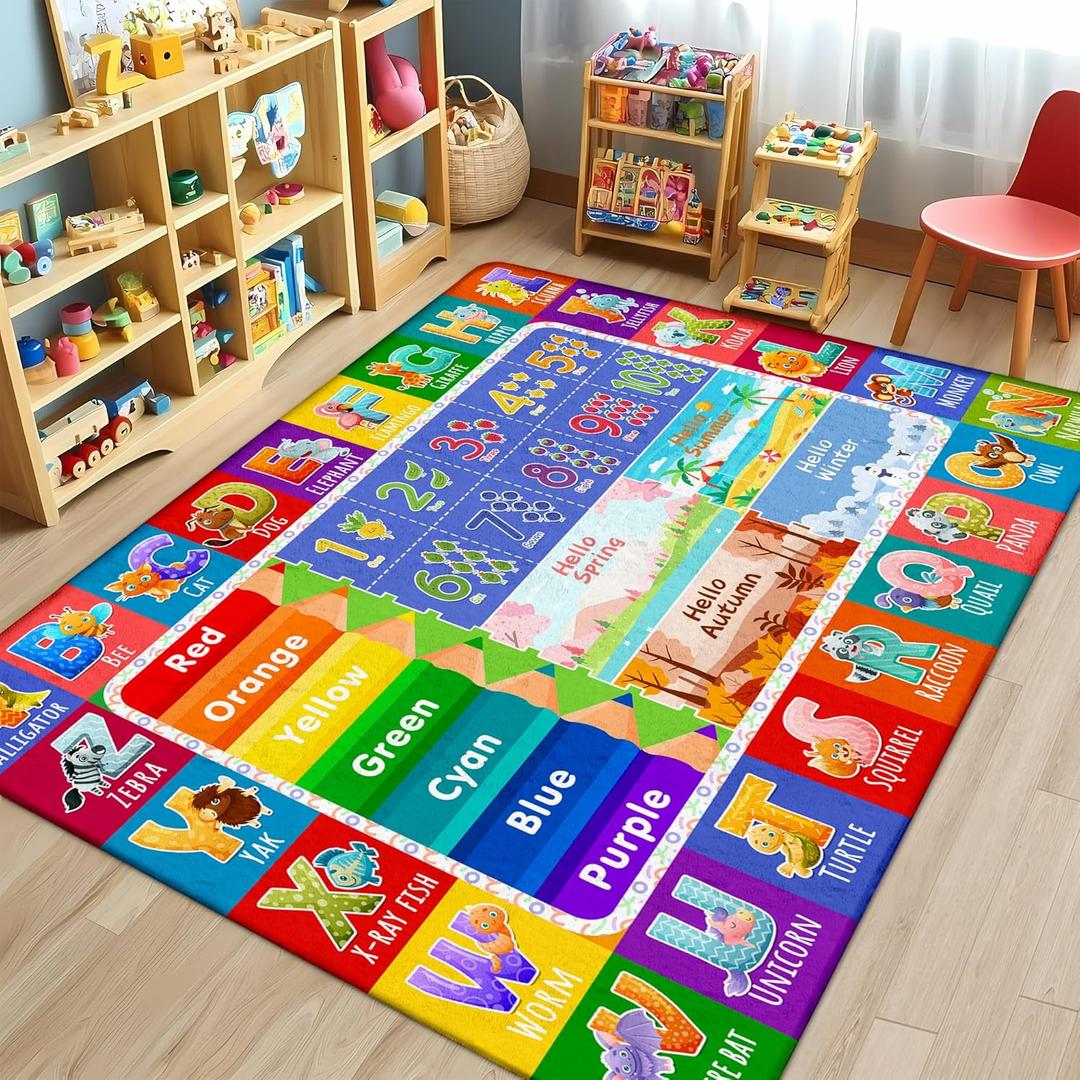 5x7 Kids Rug for Classroom & Playroom - ABC Alphabet Educational Area Rug with Animals Numbers & Colors - Non-Slip Carpet Playmat for Nursery Preschool Elementary