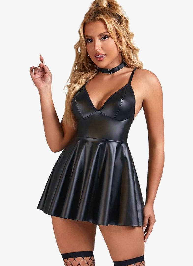 ohyeahlady Women Sexy PU Leather Dress Plus Size Spaghetti Strap Mini Dresses Sleeveless Pleated Steampunk Clubwear, XL