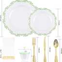 PULOTE 175PCS Green Plastic Plates - Clear Plastic with Green Rim Disposable - Include 25 Each (Dinner & Dessert) Plates, 75 Cutlery, 25 Cups, 25 Napkins, Idea for Wedding&Party