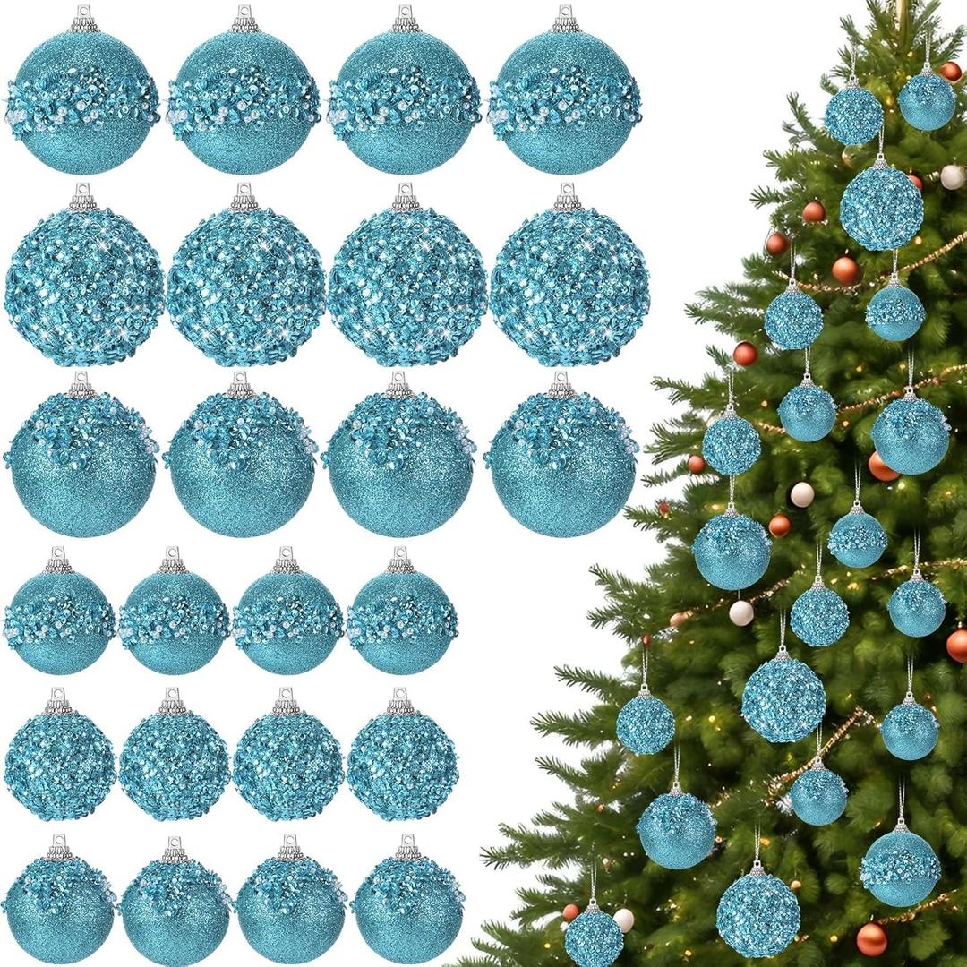 Poen 24 Pcs Glitter Christmas Ball Ornaments Set Christmas Tree Ornaments Hanging Sequin Foam Xmas Balls Decoration for Xmas Tree Wreath Garland Home Decor Wedding Party(Light Blue)