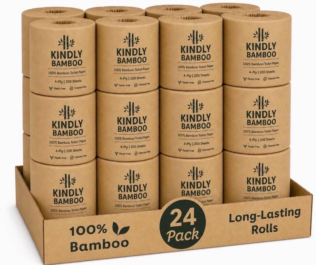 EXTRA PREMIUM 4-PLY 100% Bamboo Toilet Paper - 24 Rolls, Large 200 Sheets Per Roll, Eco-friendly, biodegradable, compostable, septic safe, chlorine free, plastic-free packaging