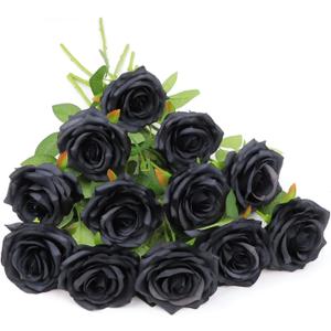 LVEFIT Artificial Rose Flower Black Flowers Black Roses Silk Flowers 12 pcs with Long Stem Silk Roses Bouquet for Wedding Bridal Shower Party Home Decoration